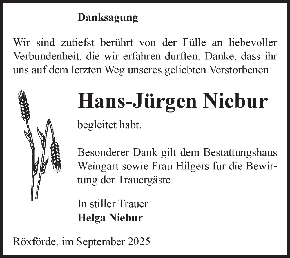 Traueranzeige für Hans-Jürgen Niebur vom 27.09.2025 aus Volksstimme Altmark West