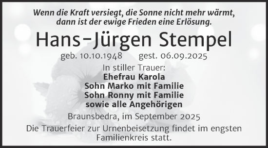 Traueranzeige von Hans-Jürgen Stempel von Trauerkombi Merseburg