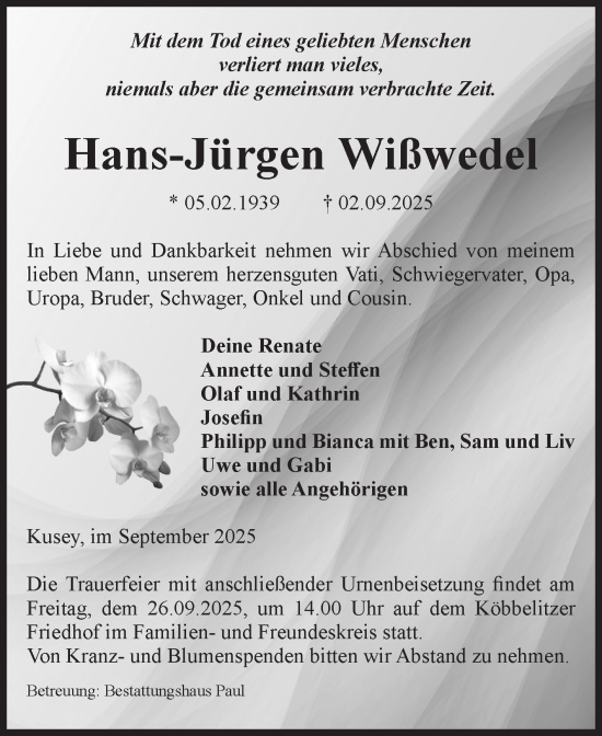 Traueranzeige von Hans-Jürgen Wißwedel von Volksstimme Altmark West