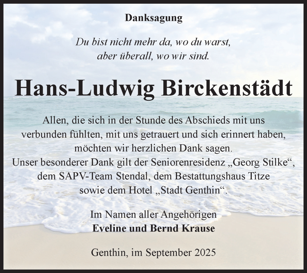  Traueranzeige für Hans-Ludwig Birckenstädt vom 20.09.2025 aus Volksstimme Burg/Genthin