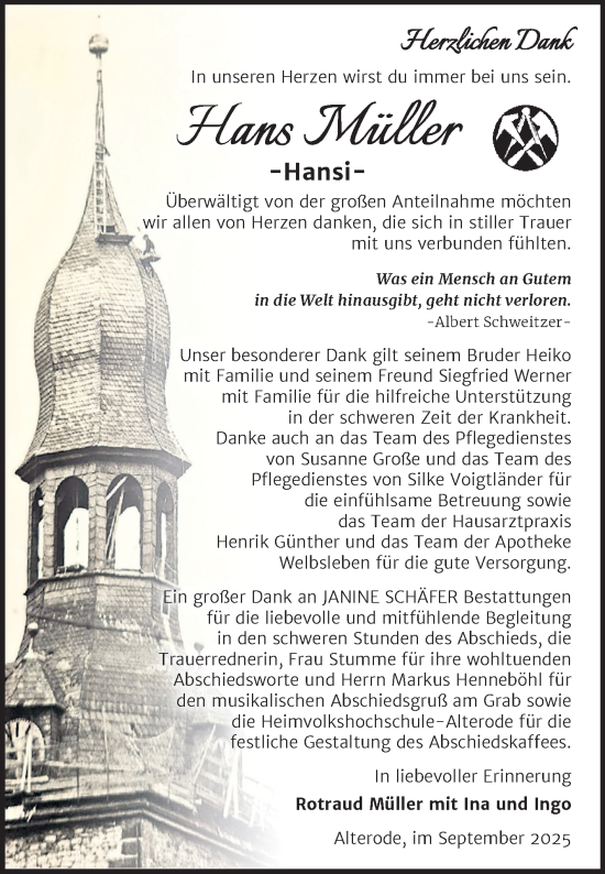 Traueranzeige von Hans Müller von Trauerkombi Aschersleben