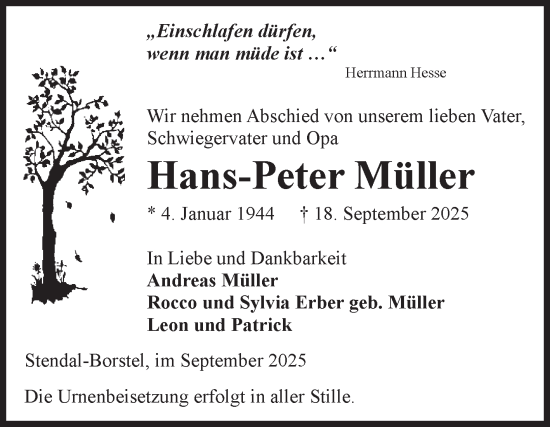 Traueranzeige von Hans-Peter Müller von Volksstimme Altmark Ost