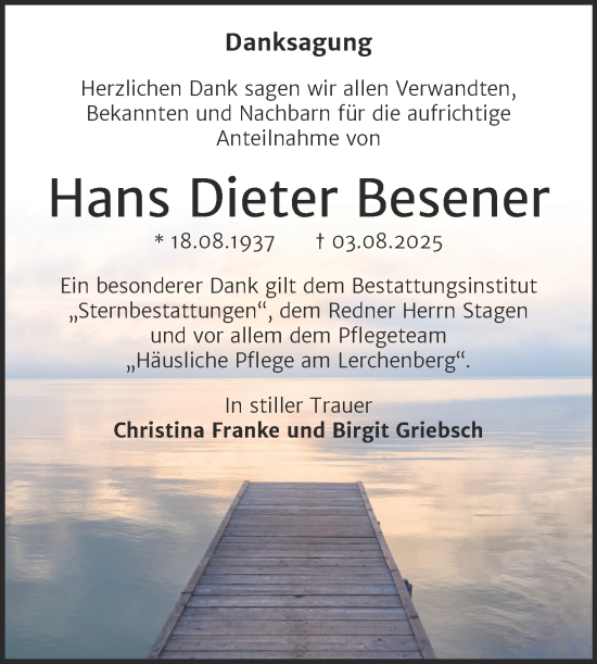 Traueranzeige von Hans Dieter Besener von Trauerkombi Wittenberg