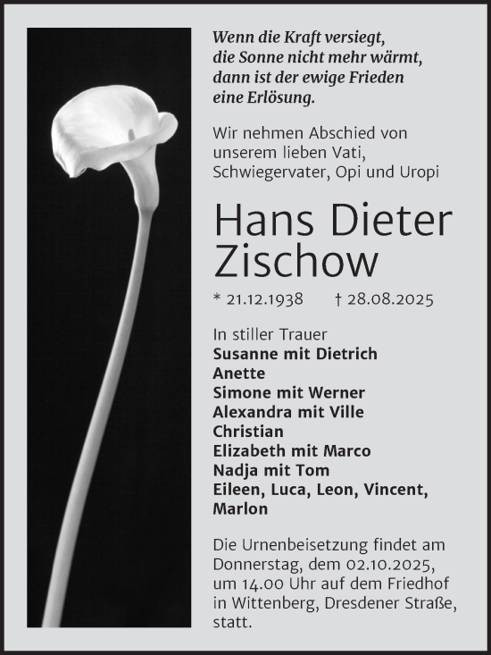 Traueranzeige von Hans Dieter Zischow von Trauerkombi Wittenberg