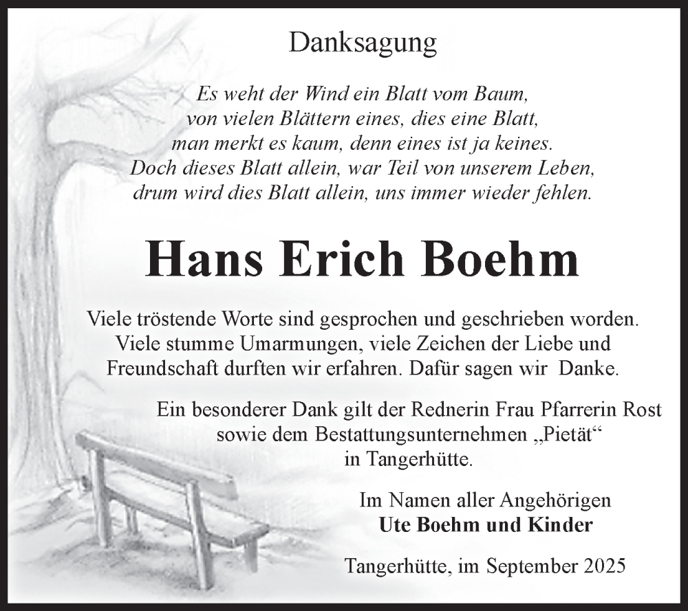  Traueranzeige für Hans Erich Boehm vom 13.09.2025 aus Volksstimme Altmark Ost