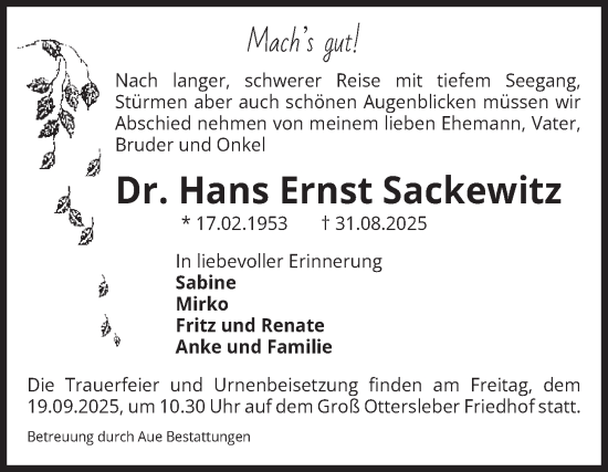 Traueranzeige von Hans Ernst Sackewitz von Volksstimme Magdeburg