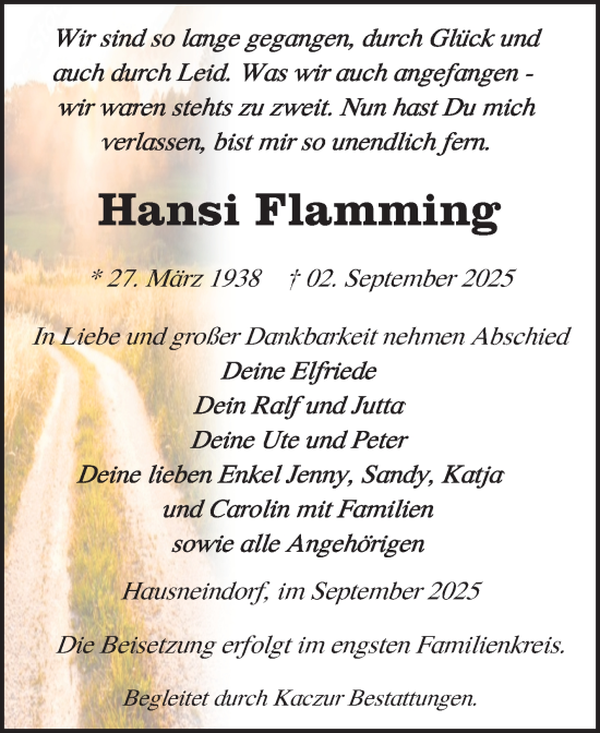 Traueranzeige von Hansi Flamming von Trauerkombi Quedlinburg