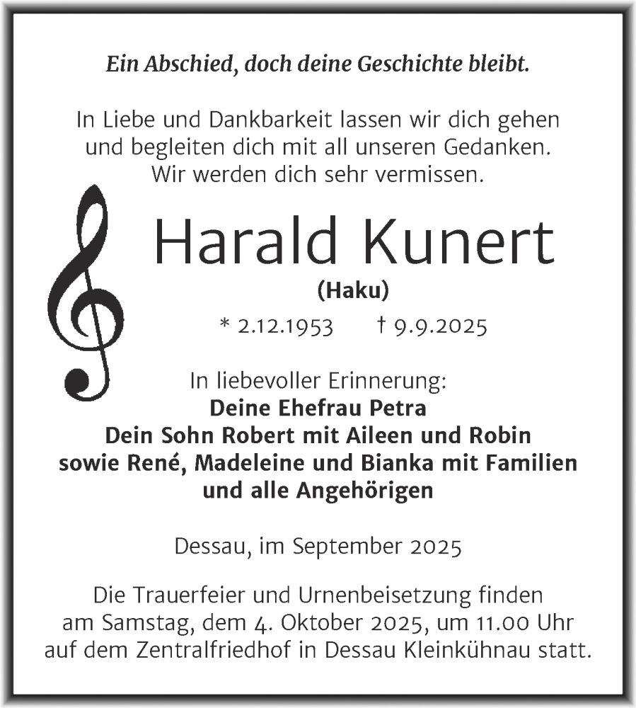  Traueranzeige für Harald Kunert vom 13.09.2025 aus Trauerkombi Dessau