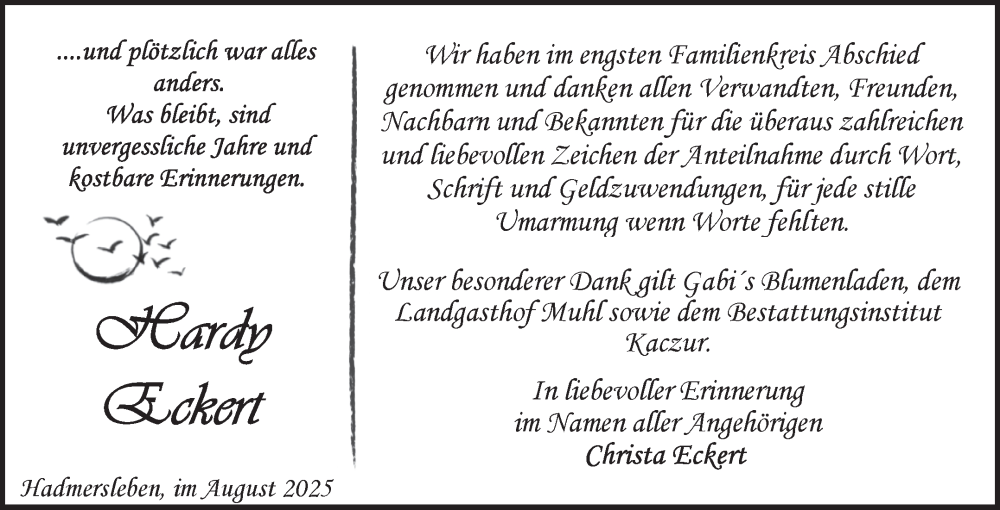  Traueranzeige für Hardy Eckert vom 06.09.2025 aus Volksstimme Oschersleben/Wanzleben