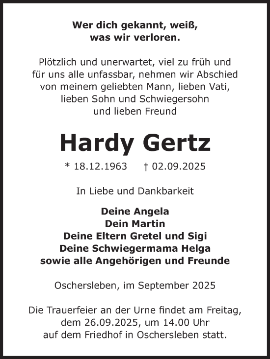 Traueranzeige von Hardy Gertz von Volksstimme Oschersleben/Wanzleben