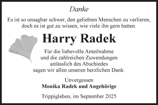 Traueranzeige von Harry Radek von Volksstimme Altmark West