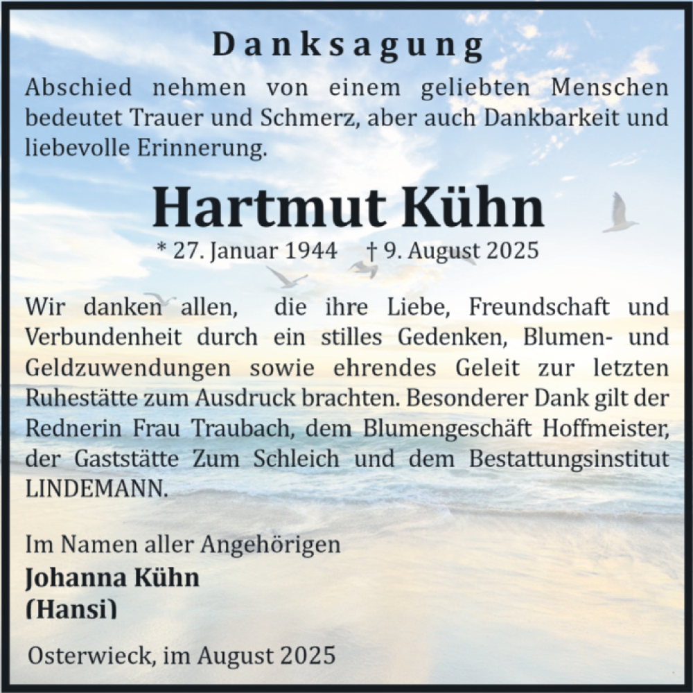  Traueranzeige für Hartmut Kühn vom 06.09.2025 aus Volksstimme Halberstadt