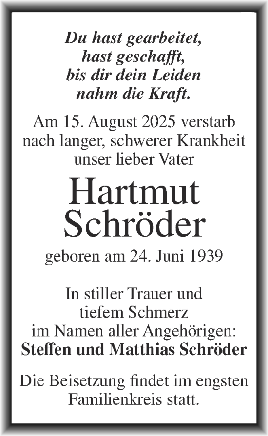 Traueranzeige von Hartmut Schröder von Mitteldeutsche Zeitung Halle/Saalkreis