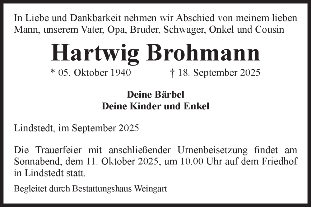  Traueranzeige für Hartwig Brohmann vom 27.09.2025 aus Volksstimme Altmark West