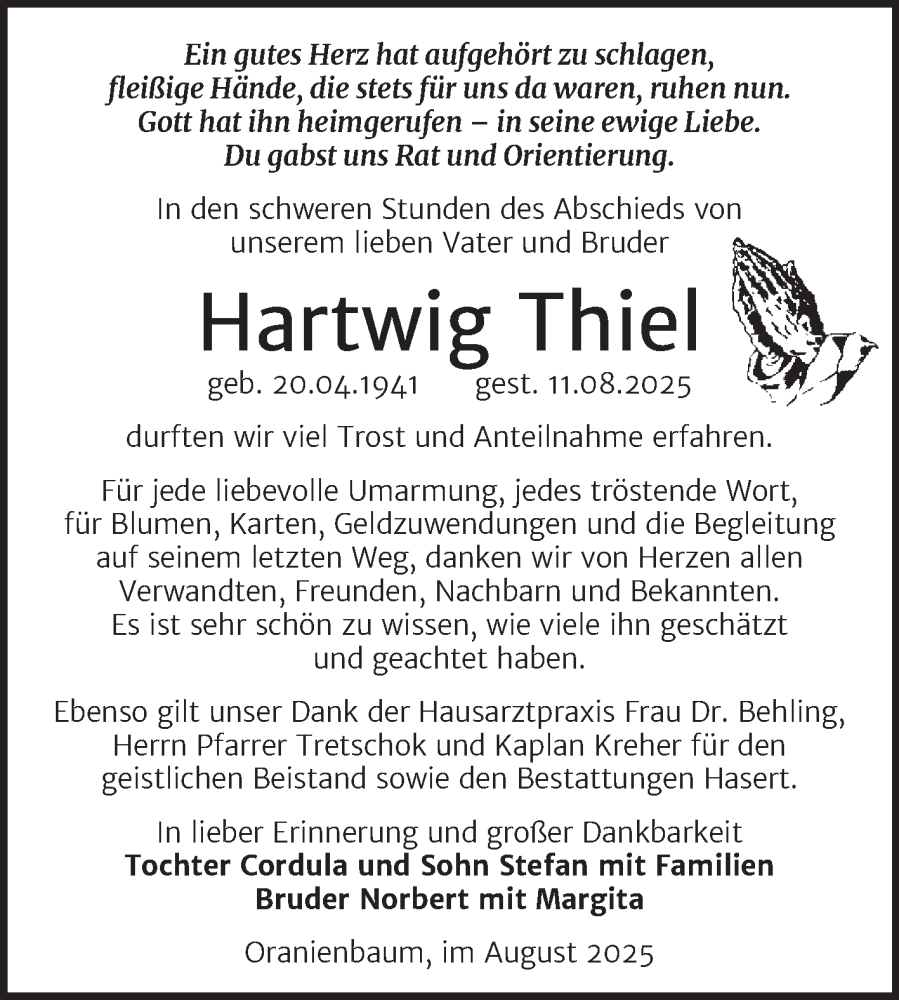  Traueranzeige für Hartwig Thiel vom 06.09.2025 aus Trauerkombi Wittenberg