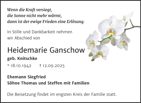 Traueranzeige von Heidemarie Ganschow von Trauerkombi Wittenberg
