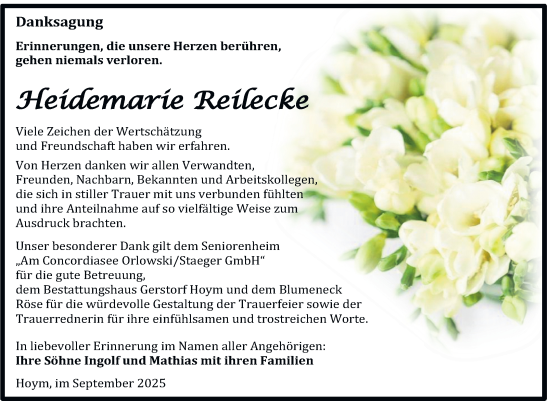 Traueranzeige von Heidemarie Reilecke von Trauerkombi Aschersleben