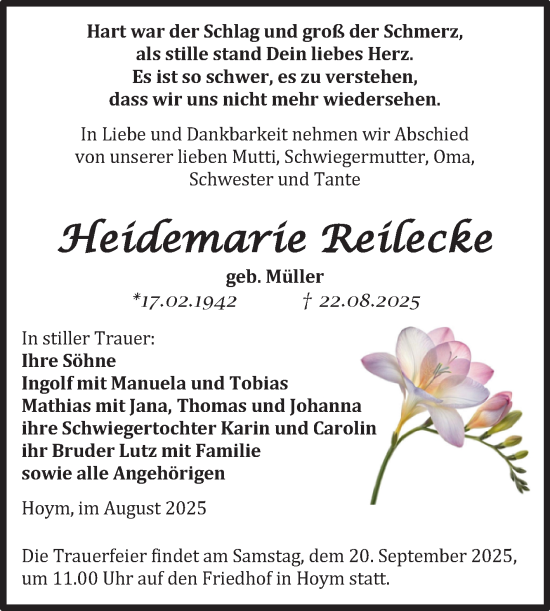 Traueranzeige von Heidemarie Reilecke von Trauerkombi Aschersleben
