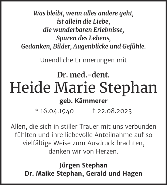 Traueranzeige von Heide Marie Stephan von Mitteldeutsche Zeitung Halle/Saalkreis