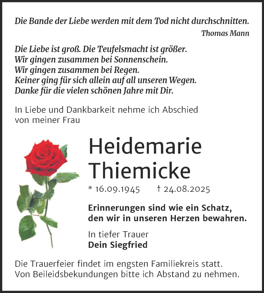  Traueranzeige für Heidemarie Thiemicke vom 13.09.2025 aus Trauerkombi Wittenberg