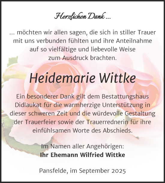 Traueranzeige von Heidemarie Wittke von Trauerkombi Quedlinburg