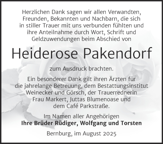 Traueranzeige von Heiderose Pakendorf von Trauerkombi Bernburg