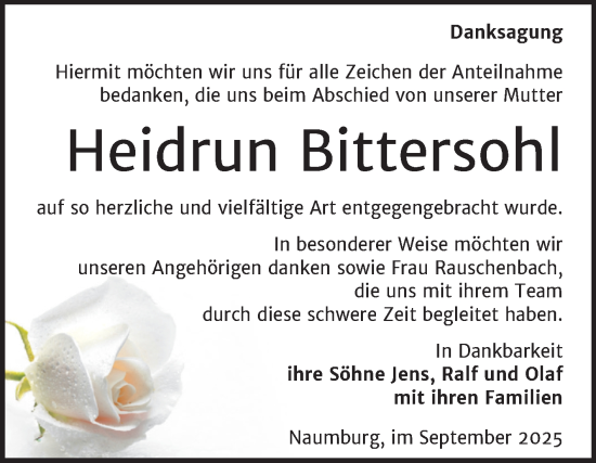 Traueranzeige von Heidrun Bittersohl von Naumburger Tageblatt
