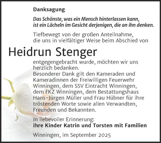 Traueranzeige von Heidrun Stenger von Trauerkombi Aschersleben