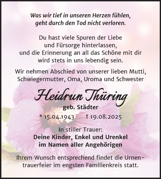 Traueranzeige von Heidrun Thüring von Super Sonntag Naumburg/Nebra