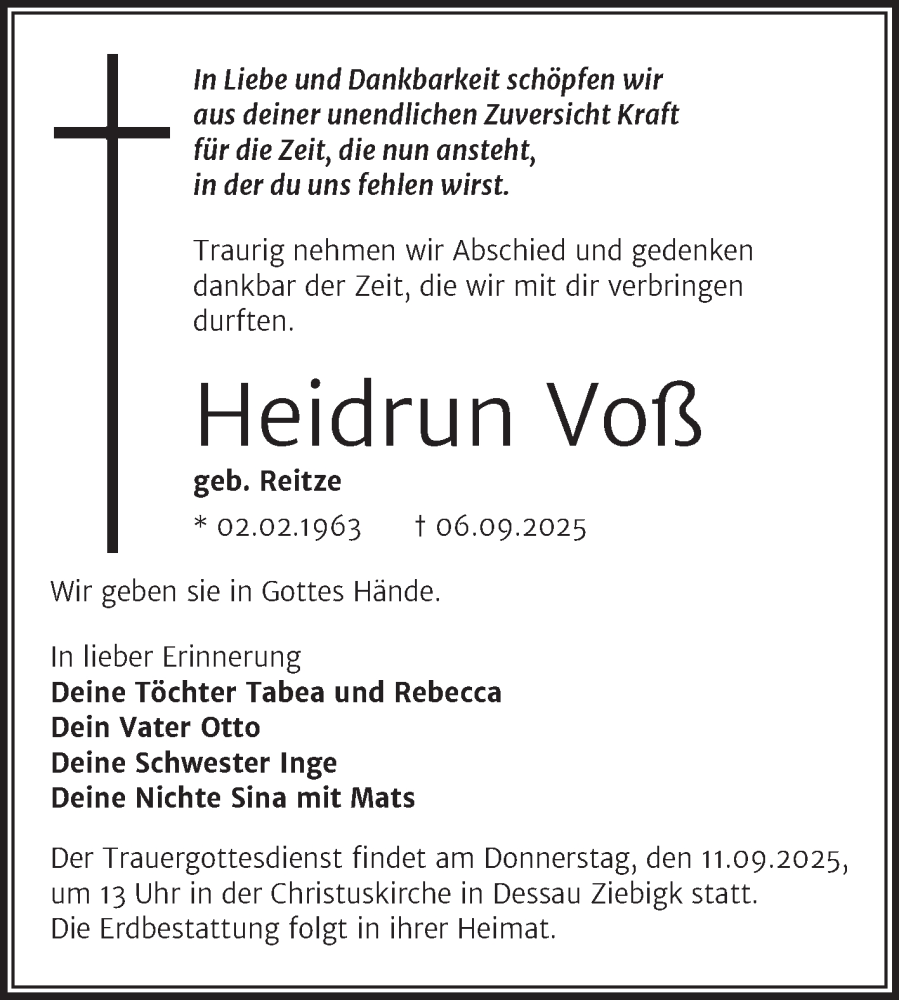  Traueranzeige für Heidrun Voß vom 10.09.2025 aus Mitteldeutsche Zeitung Dessau-Roßlau