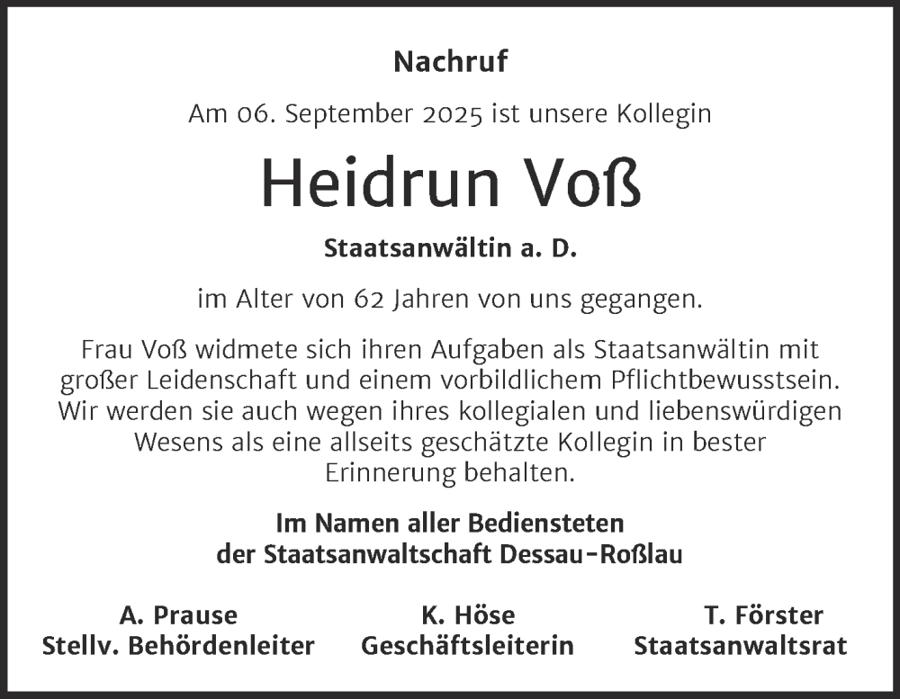  Traueranzeige für Heidrun Voß vom 20.09.2025 aus Mitteldeutsche Zeitung Dessau-Roßlau