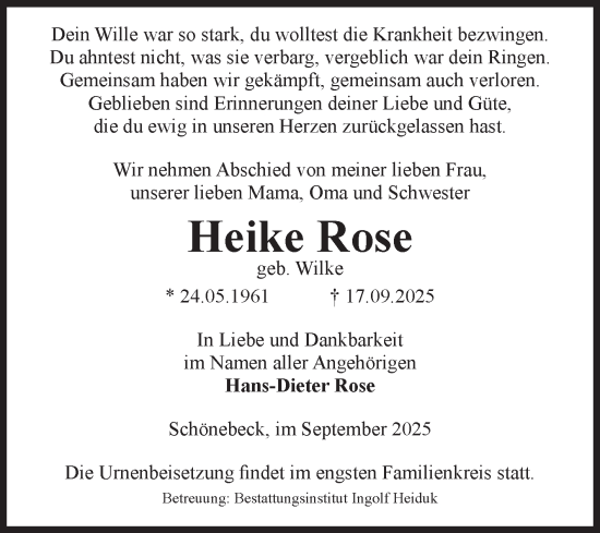 Traueranzeige von Heike Rose von Volksstimme Schönebeck