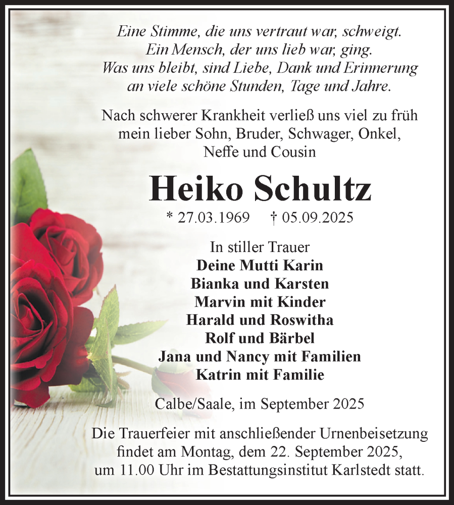  Traueranzeige für Heiko Schultz vom 13.09.2025 aus Volksstimme Schönebeck