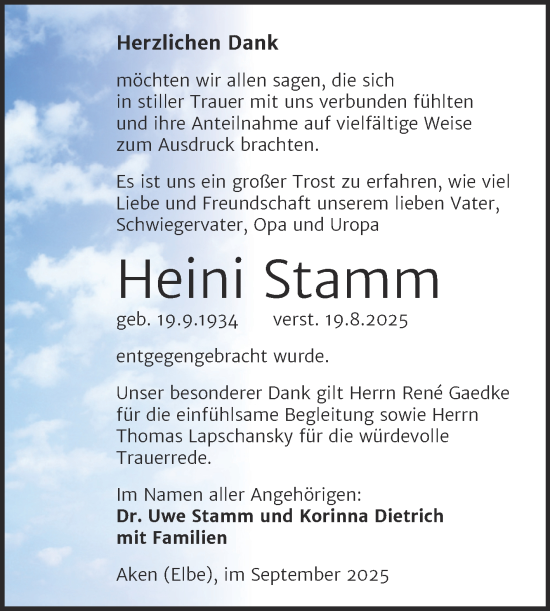 Traueranzeige von Heini Stamm von Trauerkombi Köthen
