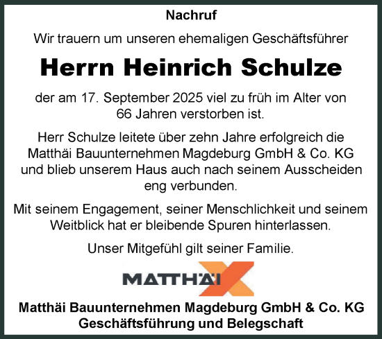 Traueranzeige von Heinrich Schulze von Volksstimme Altmark Ost