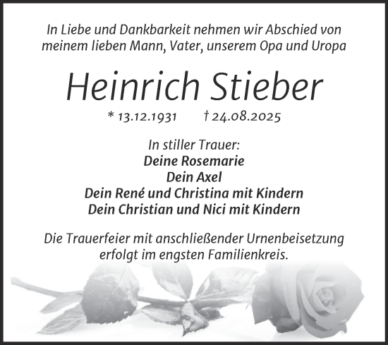 Traueranzeige von Heinrich Stieber von Trauerkombi Quedlinburg