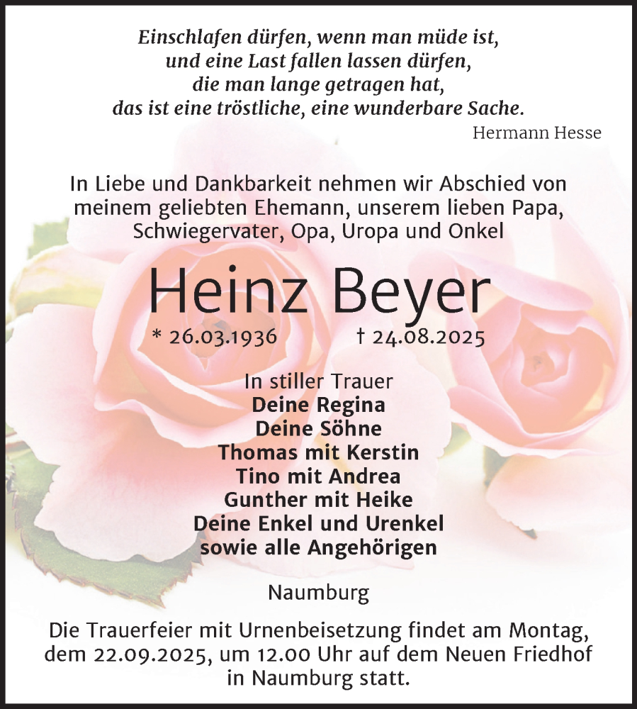  Traueranzeige für Heinz Beyer vom 06.09.2025 aus Super Sonntag Naumburg/Nebra