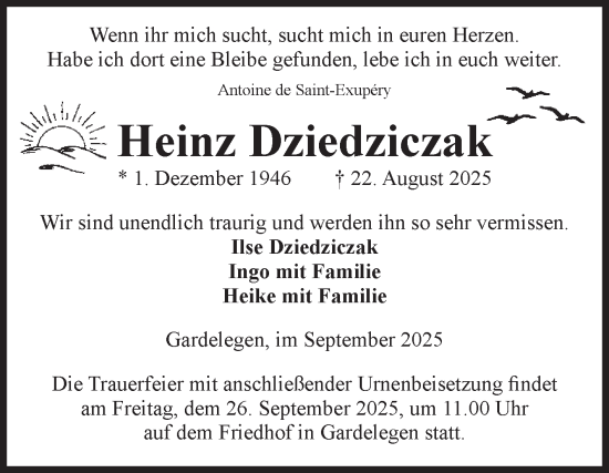 Traueranzeige von Heinz Dziedziczak von Volksstimme Altmark West