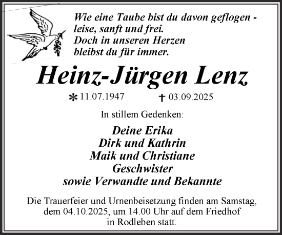 Traueranzeige von Heinz-Jürgen Lenz von Trauerkombi Dessau