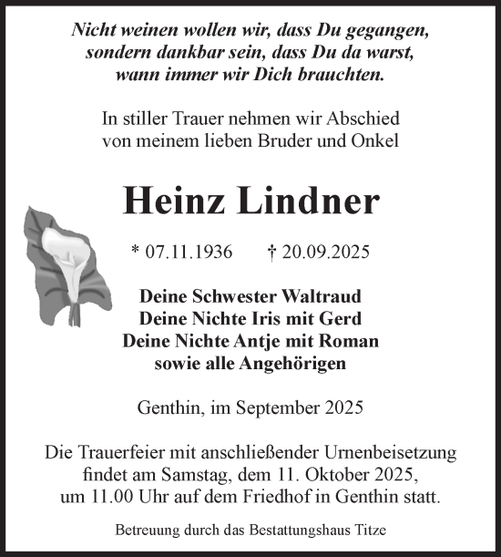 Traueranzeige von Heinz Lindner von Volksstimme Burg/Genthin