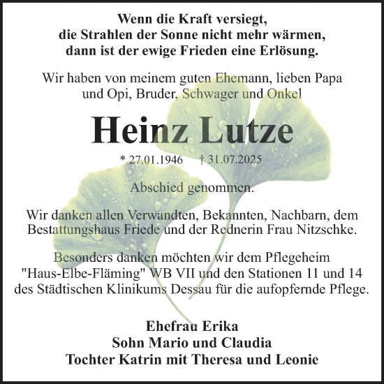 Traueranzeige von Heinz Lutze von Trauerkombi Dessau