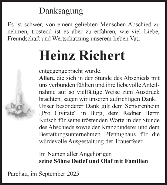 Traueranzeige von Heinz Richert von Volksstimme Burg/Genthin