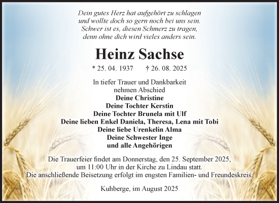 Traueranzeige von Heinz Sachse von Volksstimme Zerbst