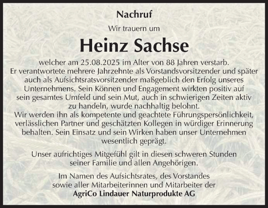 Traueranzeige von Heinz Sachse von Volksstimme Zerbst
