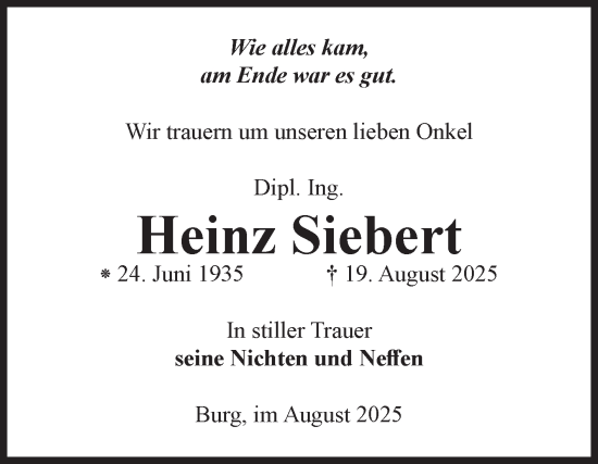 Traueranzeige von Heinz Siebert von Volksstimme Burg/Genthin