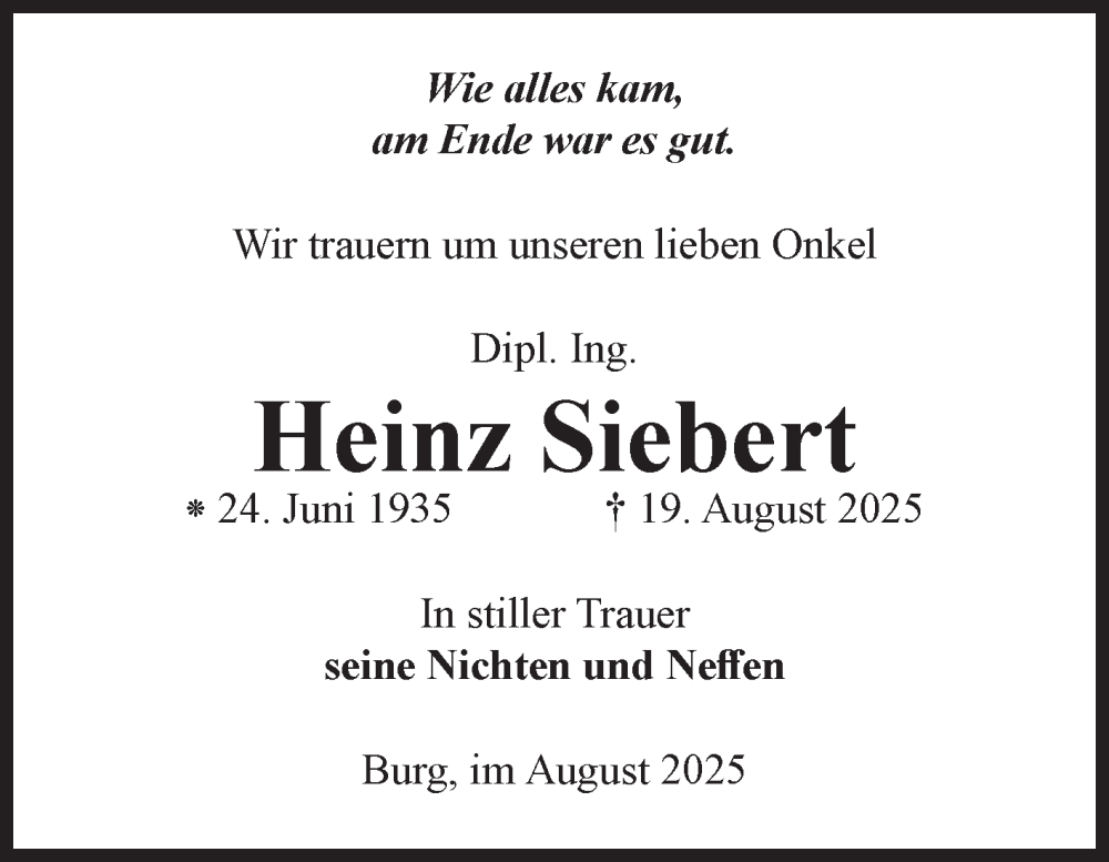  Traueranzeige für Heinz Siebert vom 06.09.2025 aus Volksstimme Burg/Genthin
