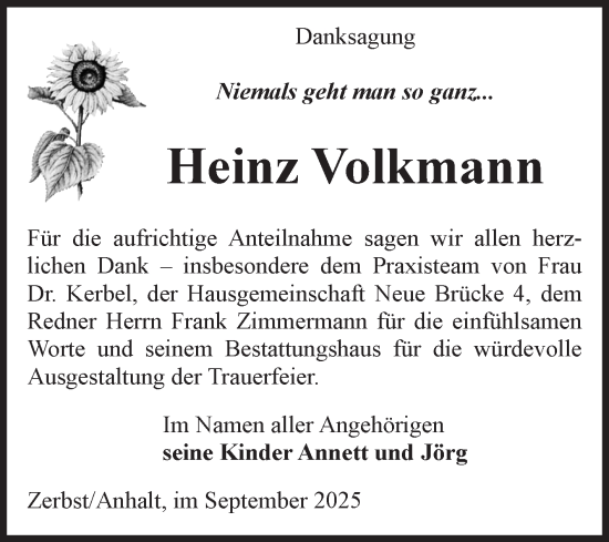 Traueranzeige von Heinz Volkmann von Volksstimme Zerbst