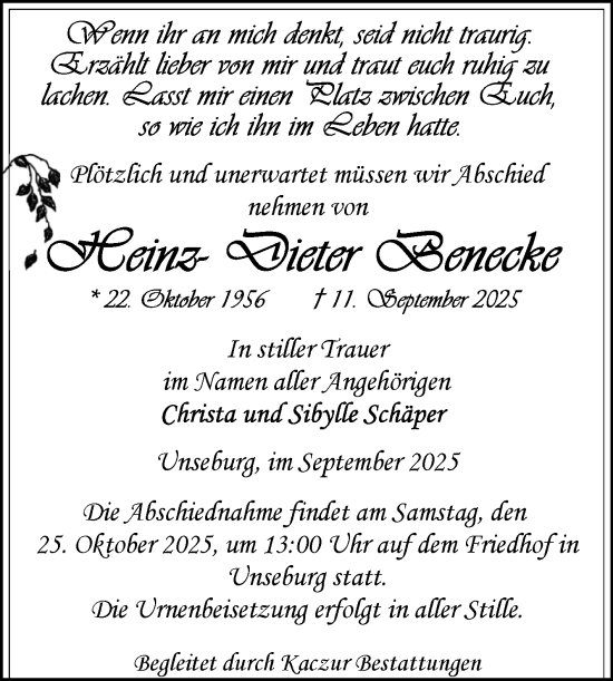 Traueranzeige von Heinz Dieter Benecke von Volksstimme Staßfurt