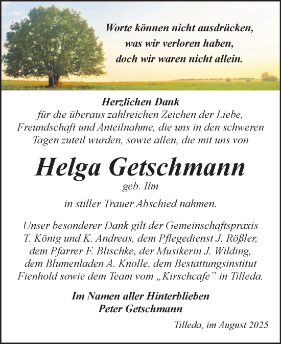 Traueranzeige von Helga Getschmann von Trauerkombi Sangerhausen