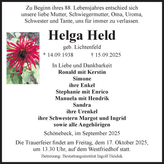 Traueranzeige von Helga Held von Volksstimme Schönebeck